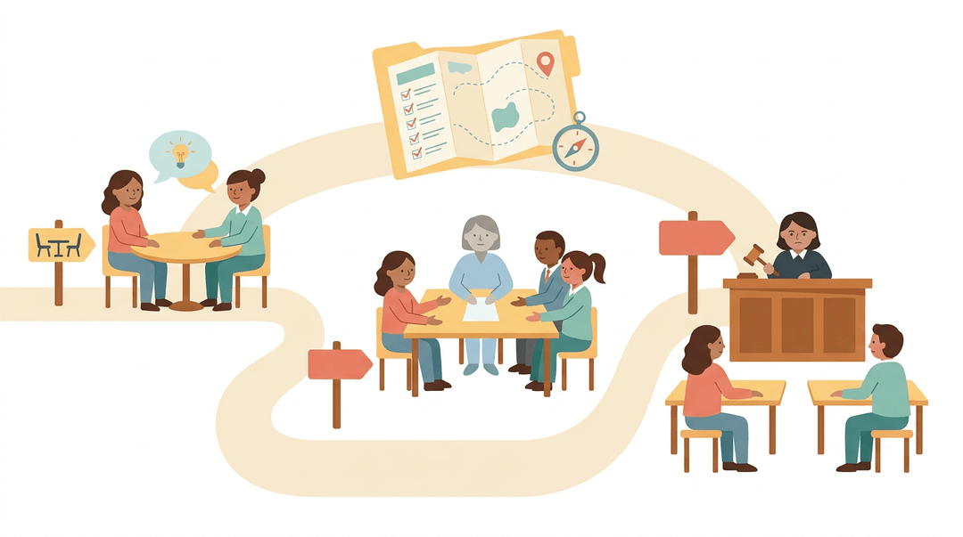 A winding path illustrates three stages of conflict resolution for parents and schools, from calm discussion to formal hearing, guided by a procedural safeguards checklist.