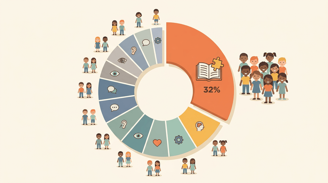 A donut chart shows that learning disability (32%) is the largest category for students needing IEPs, with diverse children icons arrayed around the slices.