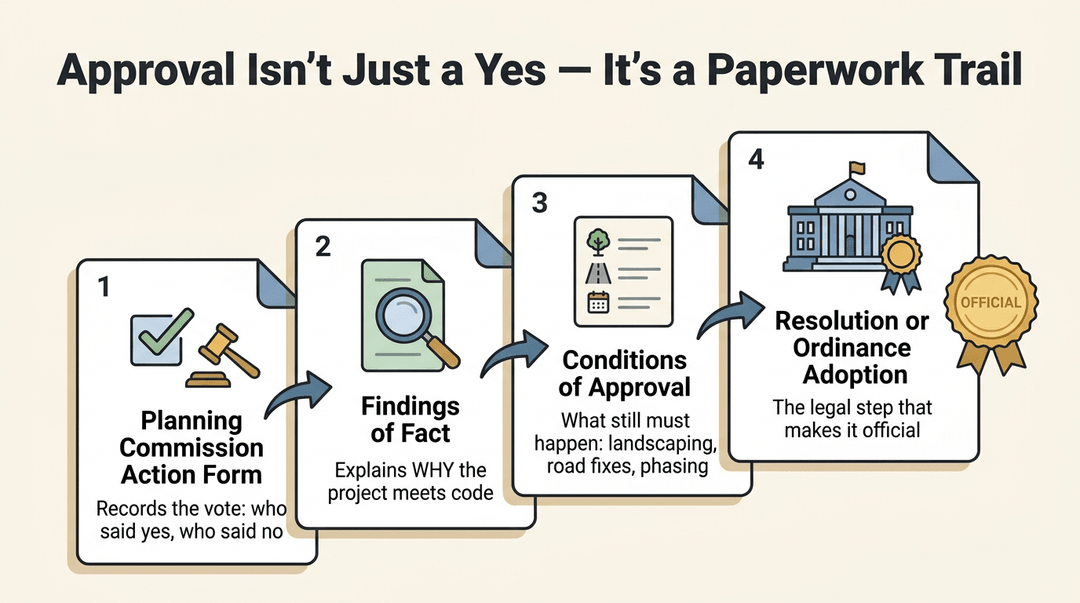 Diagram showing the four steps of official approval: planning action, findings, conditions, and resolution adoption.