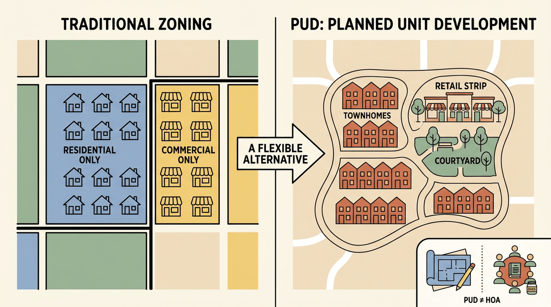 A comparison showing rigid traditional zoning versus flexible PUD mixed-use development, clarifying that PUDs are not HOAs.