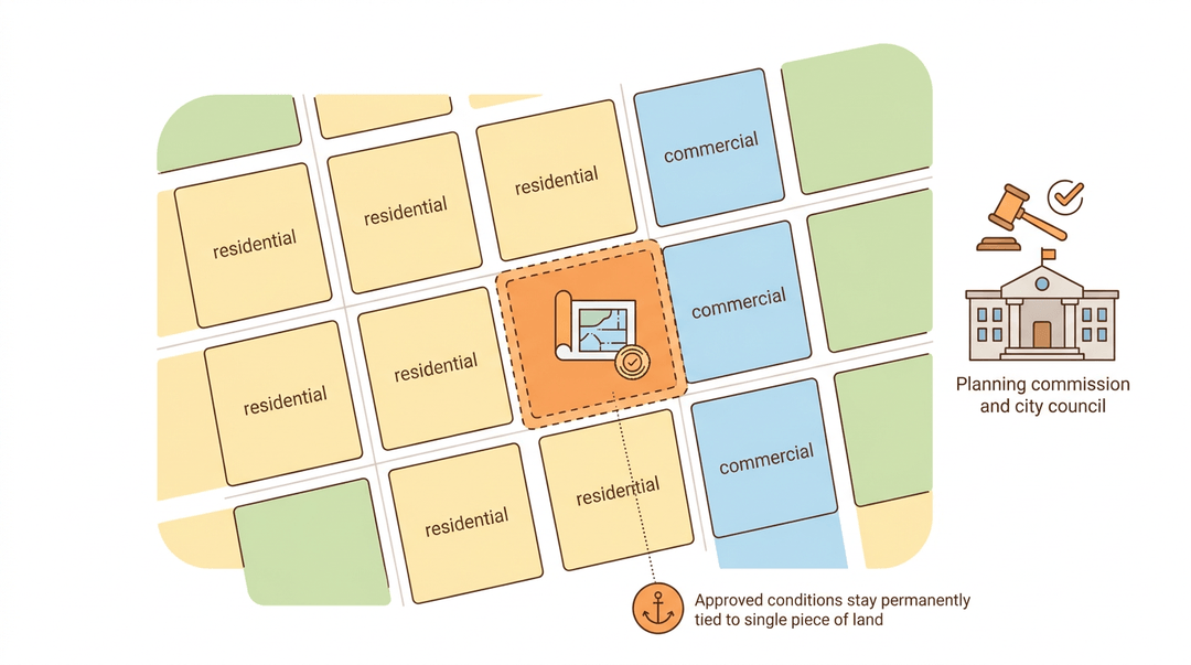 Diagram showing a special zoning overlay on one city parcel with approval icons and an anchor symbol.