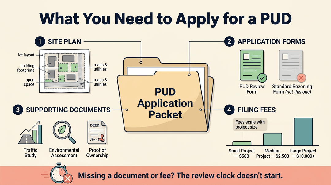 Infographic detailing PUD application requirements: site plan, forms, supporting docs, and fees, with a warning that the review clock starts only upon complete submission.