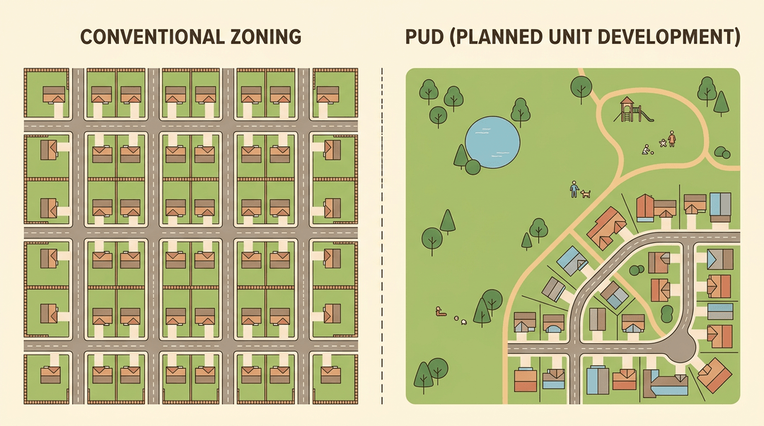 Aerial comparison showing conventional zoning with scattered lots versus a PUD that clusters homes to preserve shared green space.