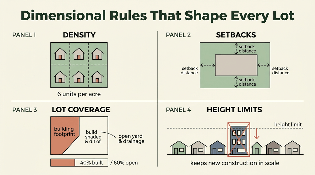 Infographic showing density, setbacks, lot coverage, and height limits with simple diagrams on a cream background.