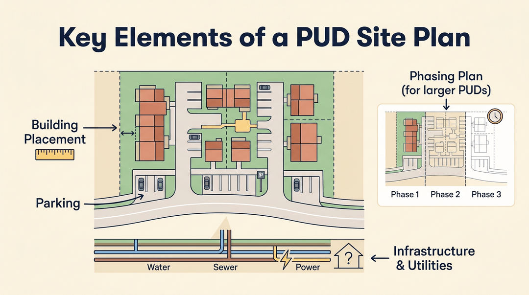An educational diagram showing a PUD site plan with building placement, parking, underground utilities, and phased development stages.