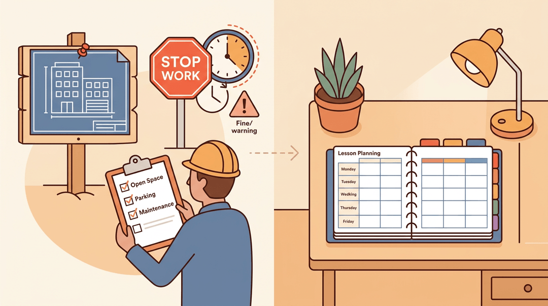 A split image contrasts a chaotic construction site with fine risks against an orderly teacher's desk, linking compliance to structured lesson planning.
