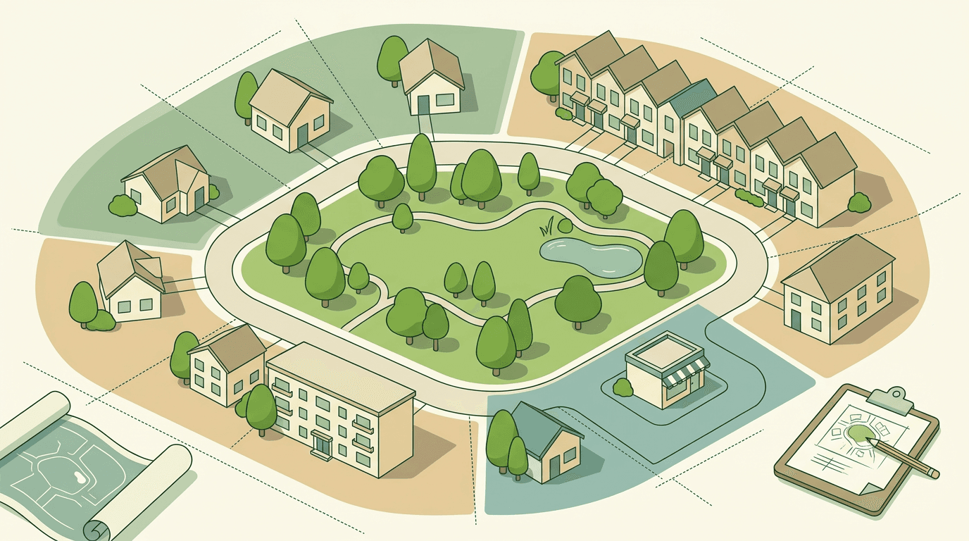 Aerial view of a planned community with diverse housing, a central park, and commercial area, overlaid with color-coded zoning outlines.