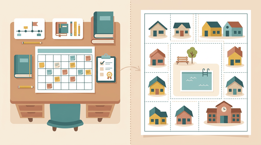 A split infographic compares a teacher's lesson planning desk to an architectural site plan, highlighting shared organizational structures.
