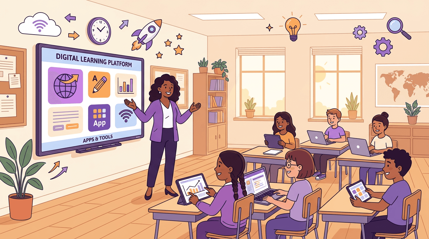 A cheerful teacher gestures at a smartboard displaying app icons to engaged students using tablets and laptops.
