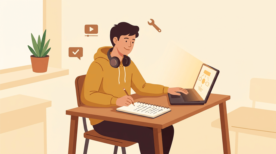 A student with headphones sits at a desk with a laptop and notebook, surrounded by icons representing diverse learning tools.