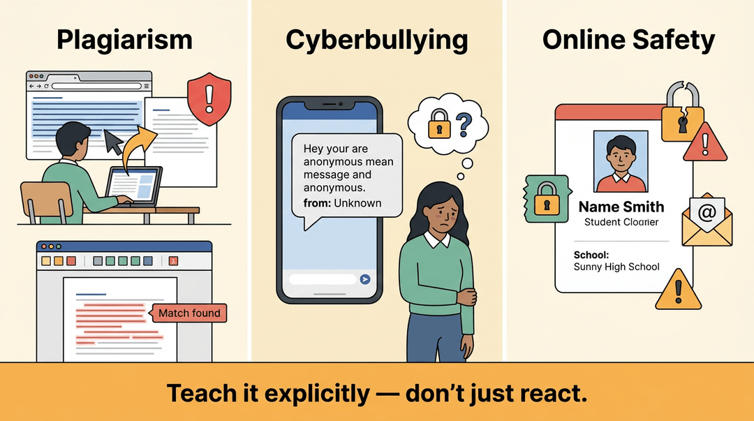 Three panels depict students facing digital risks: plagiarism, cyberbullying via anonymous messages, and compromised online privacy.