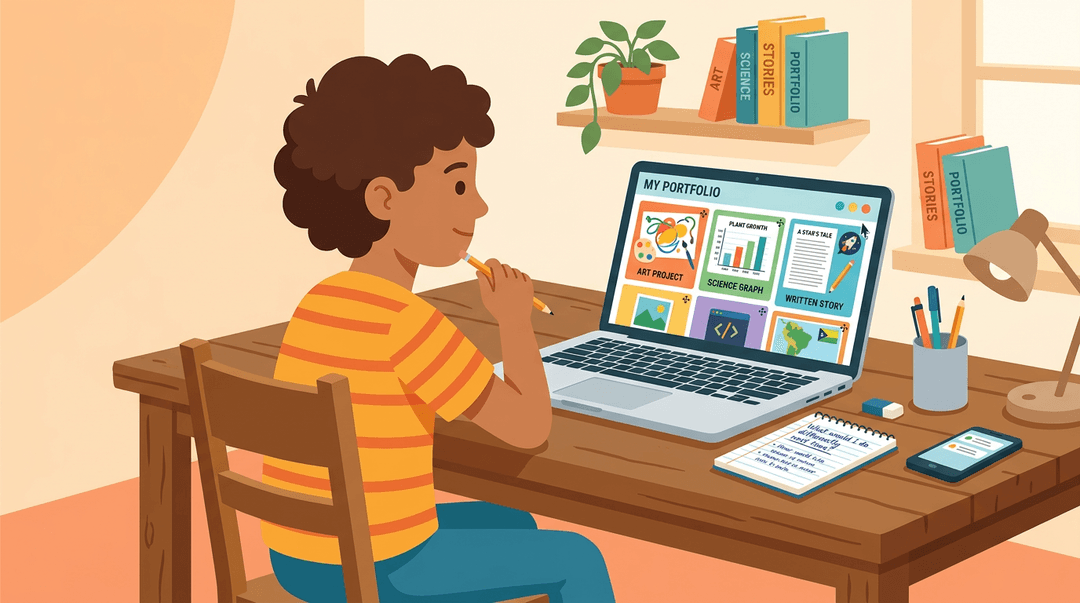 A student confidently arranges a digital portfolio with colorful project tiles, thoughtfully reflecting on their work.