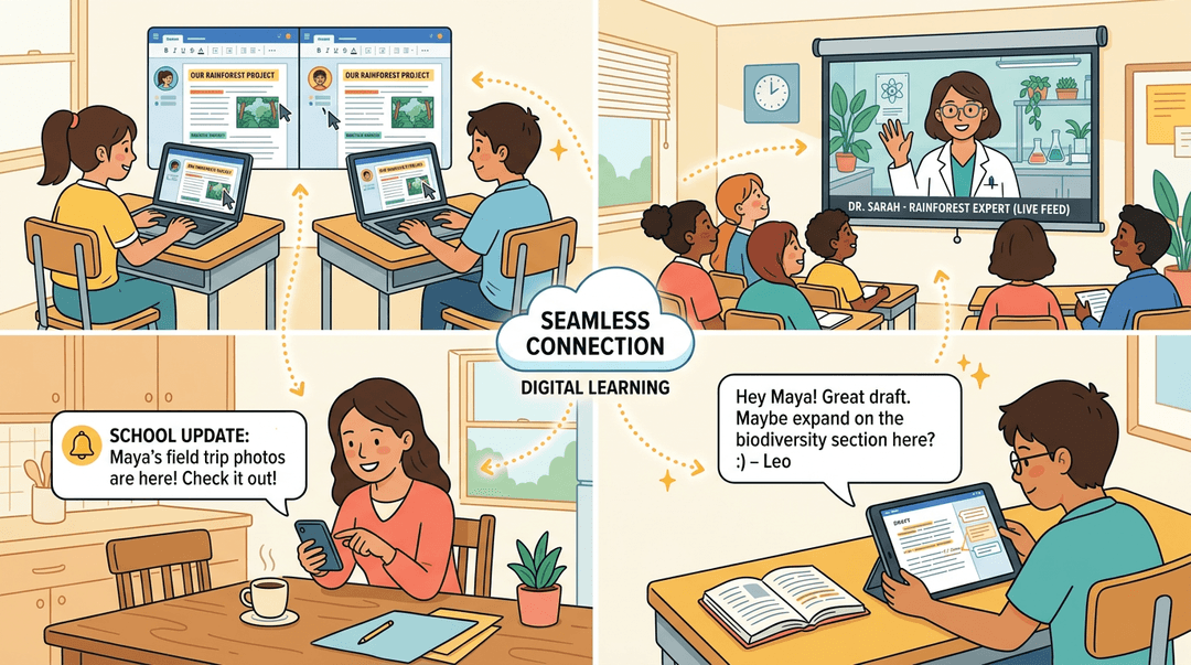 Four scenes show students collaborating digitally: editing documents, video conferencing with an expert, checking school updates, and reviewing peer feedback.