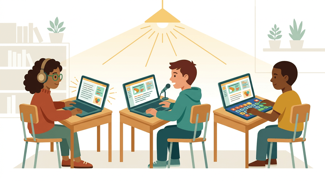 Three students at desks use text-to-speech, speech-to-text, and an alternative keyboard for equal access to a lesson.