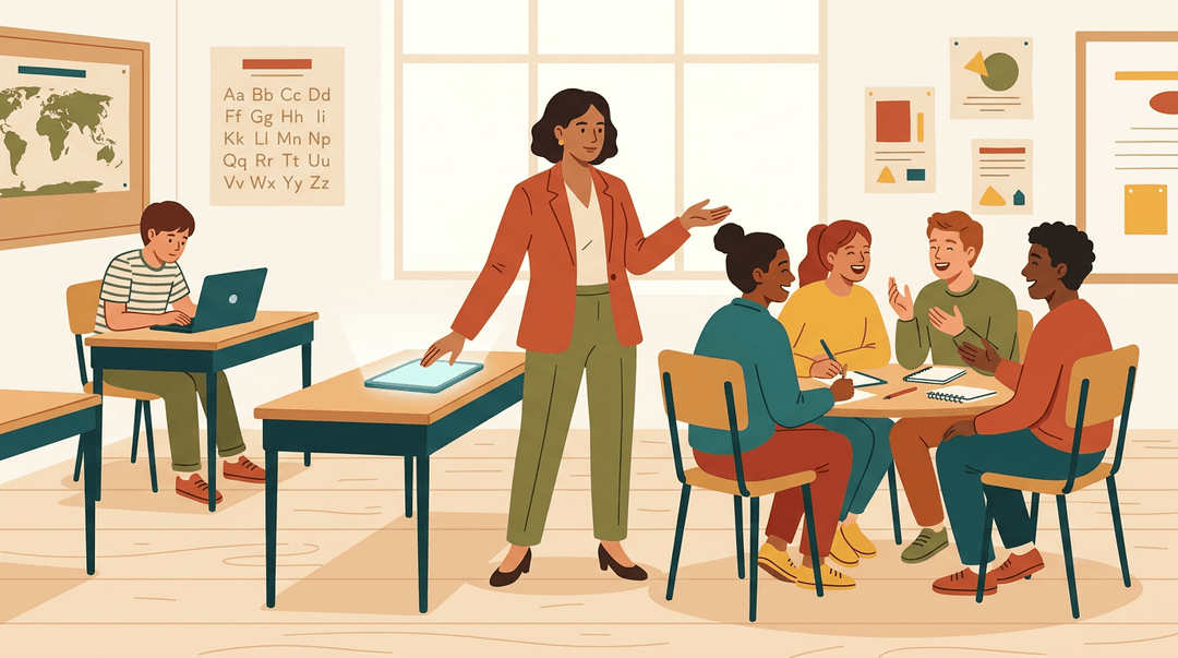 A teacher gestures towards a group of students talking, while another student sits alone with a laptop.