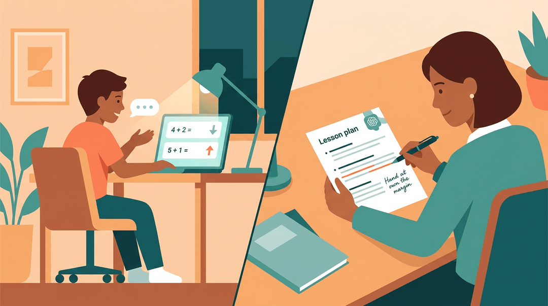 A student works on adaptive math problems with an AI tutor, while a teacher reviews an AI-assisted lesson plan.