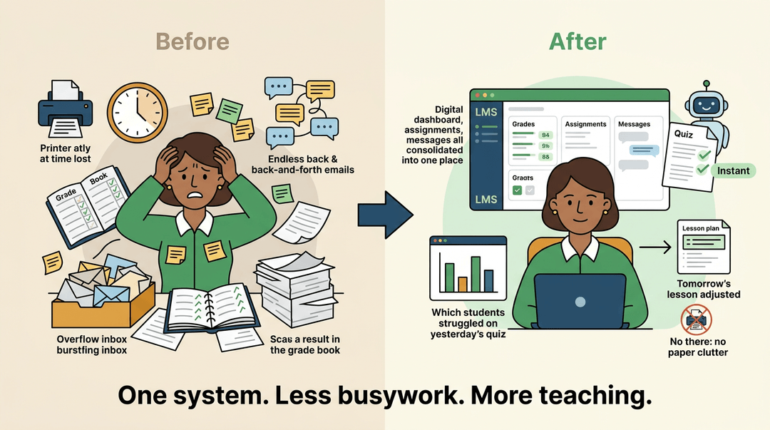A teacher’s journey from frazzled, paper-filled chaos to calm, organized digital efficiency with a learning management system.