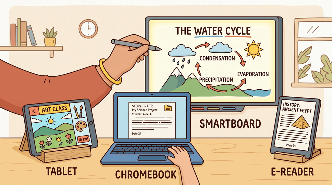 Four oversized common devices (tablet, Chromebook, smartboard, and e-reader) are arranged in a warm, clean classroom scene.