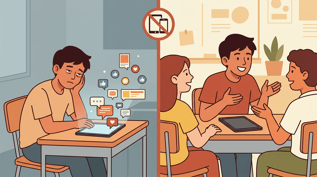 A split illustration contrasting a disengaged student distracted by a tablet with the same student actively participating in a group discussion.