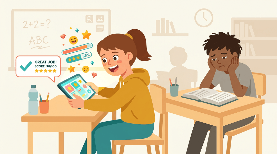 A student excitedly uses a glowing tablet with interactive elements, while another student behind them looks bored with a textbook.