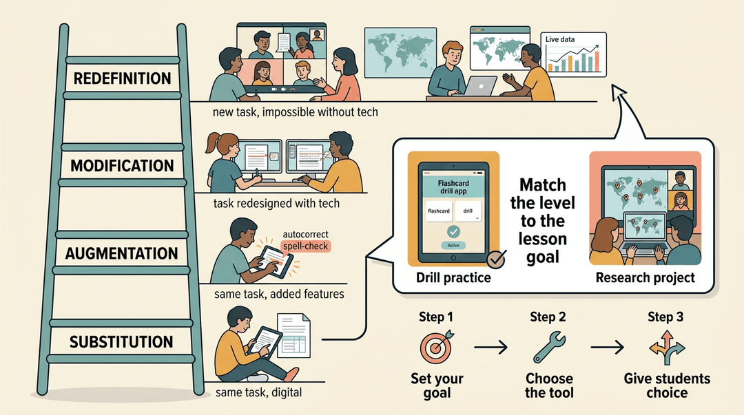A diagram illustrating the SAMR model for technology integration in education, showing four levels from substitution to redefinition.