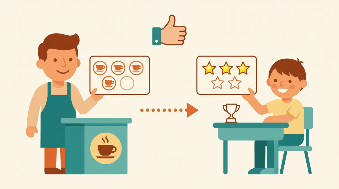 A split image connects a coffee shop loyalty card with a student's reward card, both showing three out of five stamps earned.