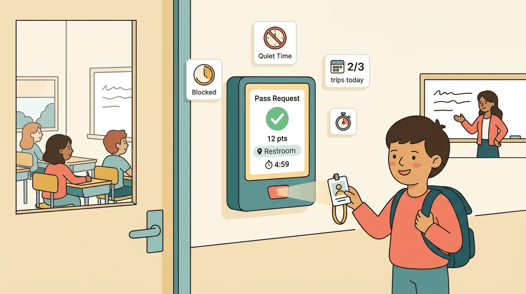 A student scans their badge at a digital kiosk in a school hallway, showing a pass request interface and a classroom teacher instructing students.