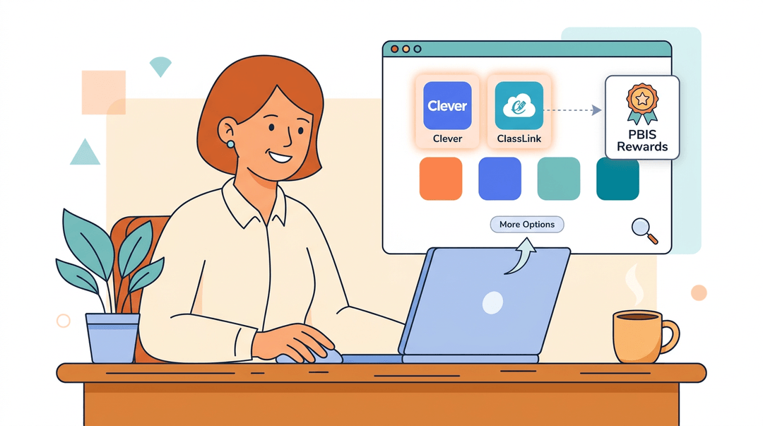 A teacher smiles at a laptop showing an app launcher grid with 'Clever', 'ClassLink', and 'PBIS Rewards' icons.