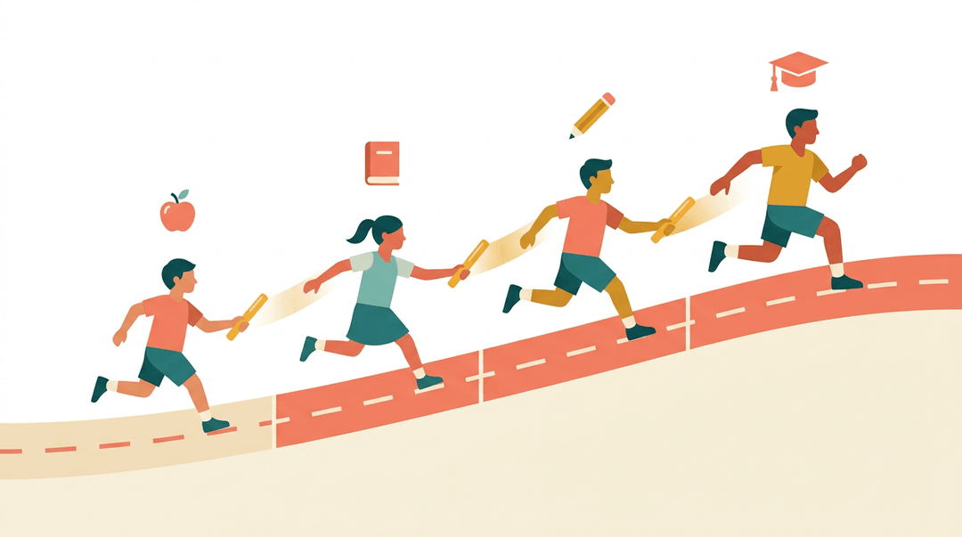 Four runners pass a baton up a track, symbolizing smooth educational progression from early grades to graduation.