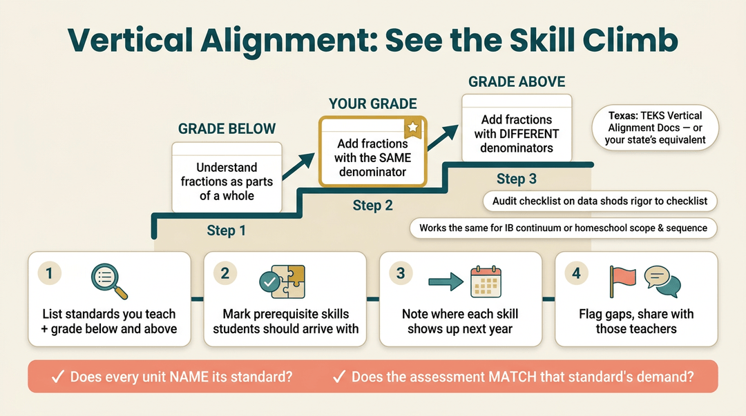 Infographic showing vertical alignment of fraction skills across grades and a four-step audit checklist for teachers.