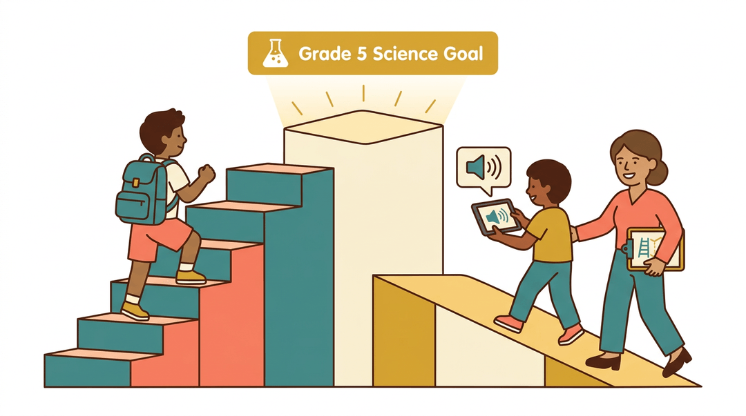 Two students reach a shared Grade 5 Science goal via stairs and an accessible ramp, illustrating inclusive learning paths.