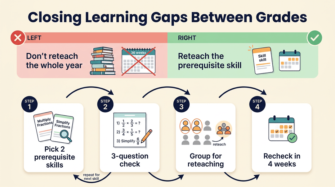 Infographic contrasting reteaching whole year vs specific skills, featuring a 4-step diagnostic cycle for targeted intervention.
