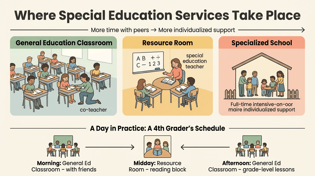 Infographic showing special education settings from general to specialized classrooms and a 4th grader's daily schedule moving between them.