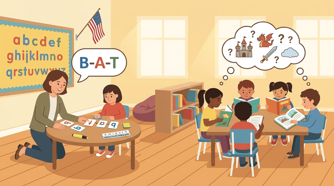 Teacher supports a student with phonics tiles while others read picture books in an inclusive, warm classroom.