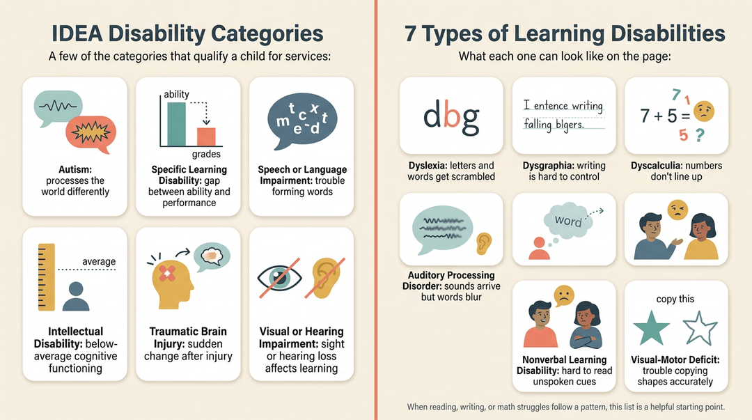Educational poster detailing IDEA disability categories and seven types of learning disabilities with simple flat illustrations.