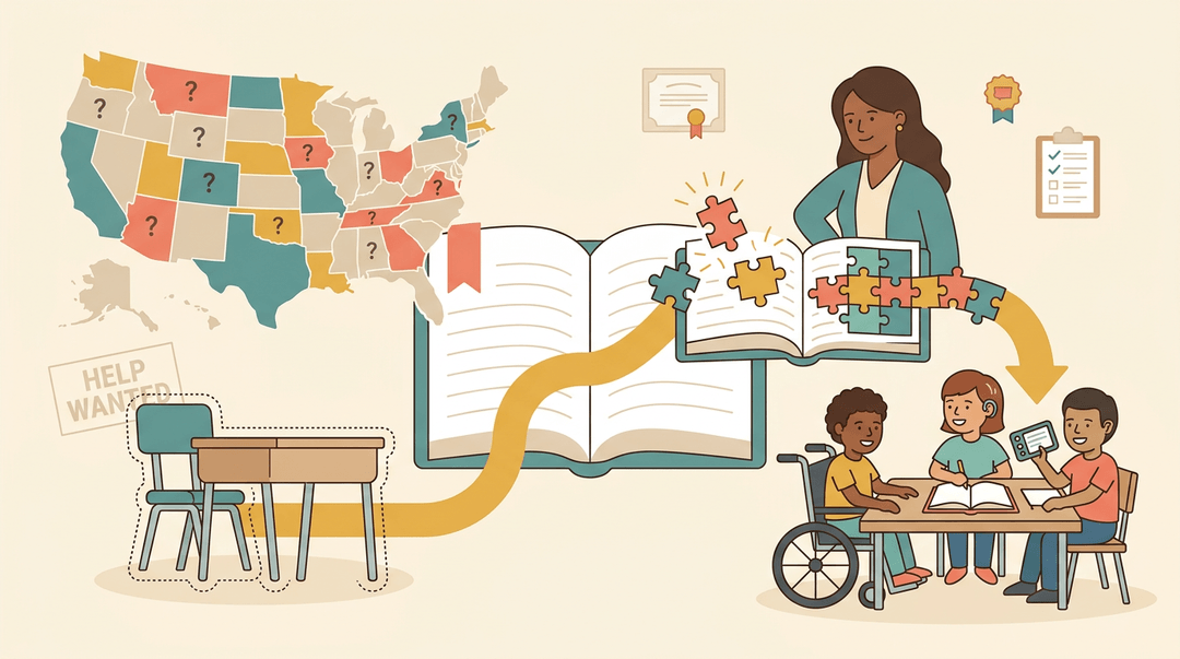 A teacher guides students with diverse needs through an open book, bridging staffing gaps to inclusive education.