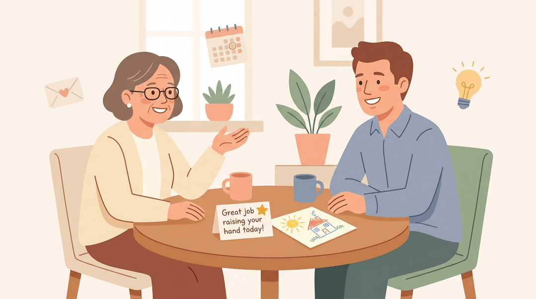 A teacher and parent sit at a table sharing a positive note about their child's progress, surrounded by symbols of partnership.
