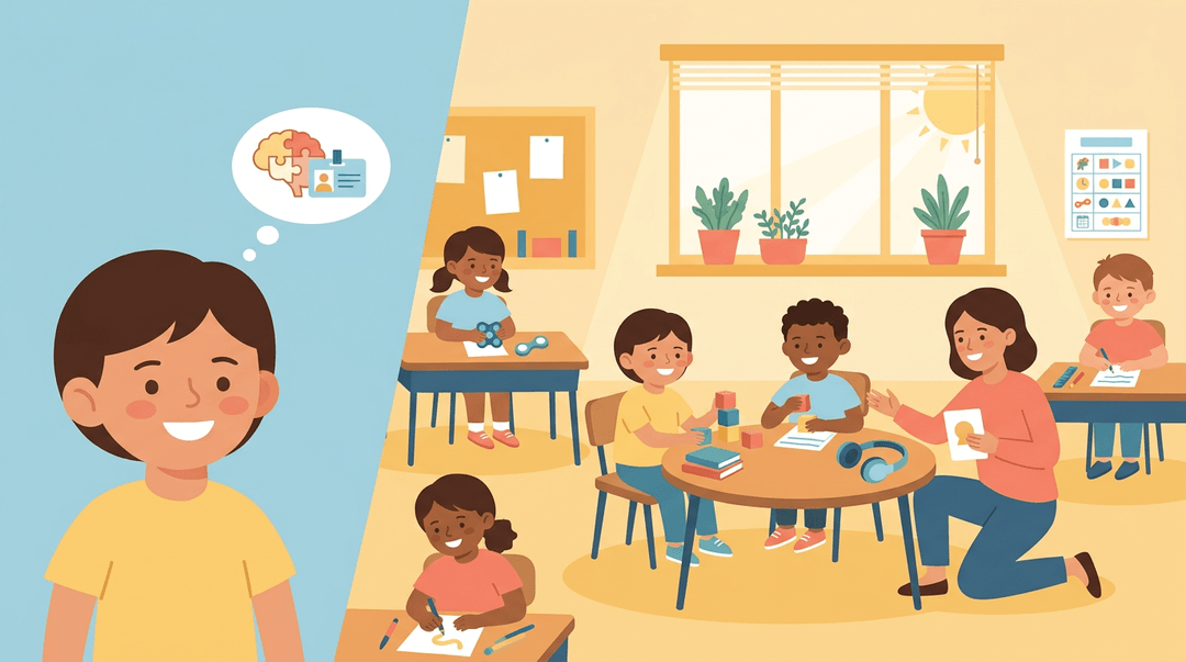 A diverse classroom where a child receives gentle support from a teacher alongside peers, illustrating inclusive education.