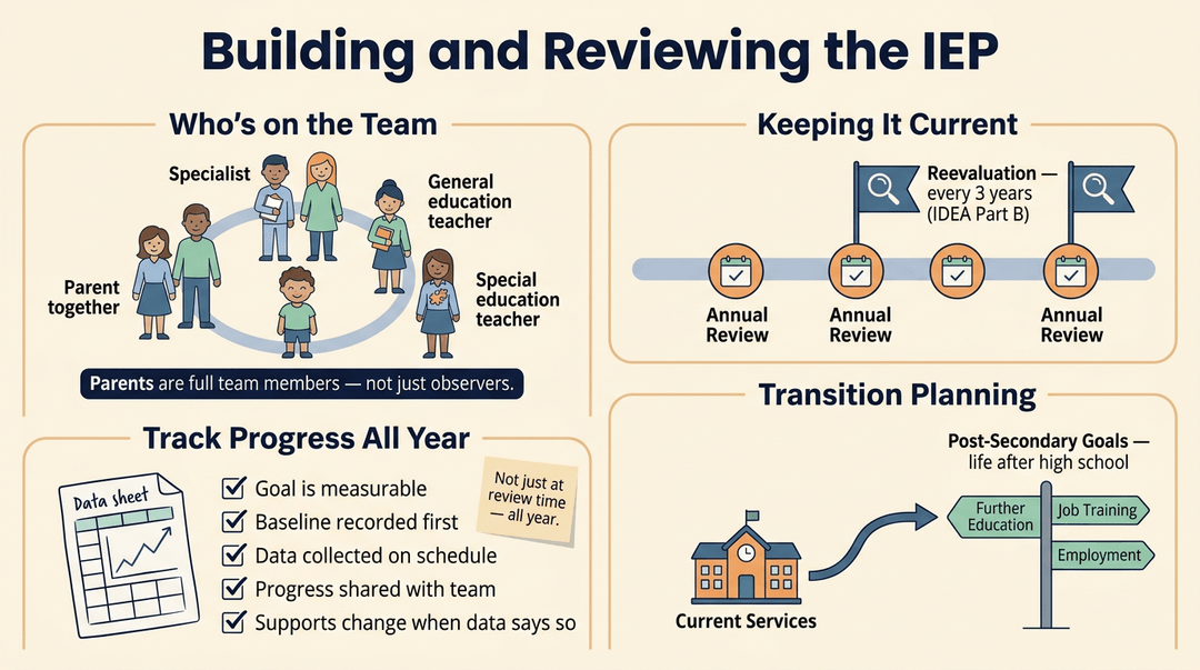 Infographic showing IEP team members, review timelines, progress tracking, and transition planning steps.