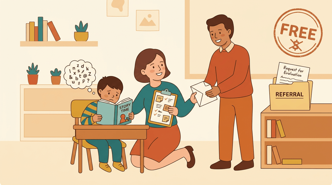 Teacher supports struggling reader while parent collaborates on a free evaluation referral.