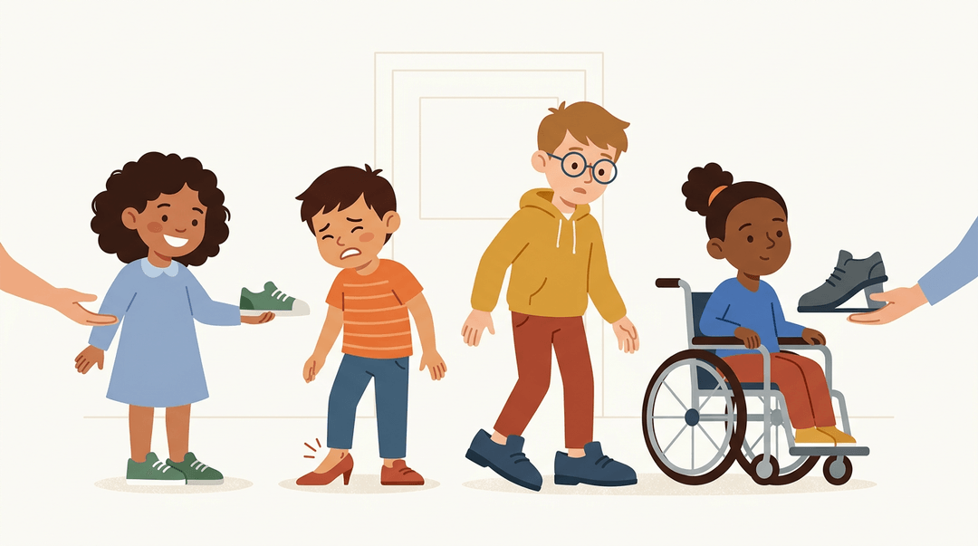 Diverse children try on shoes: one fits, two are wrong sizes, and a wheelchair user gets adapted footwear.