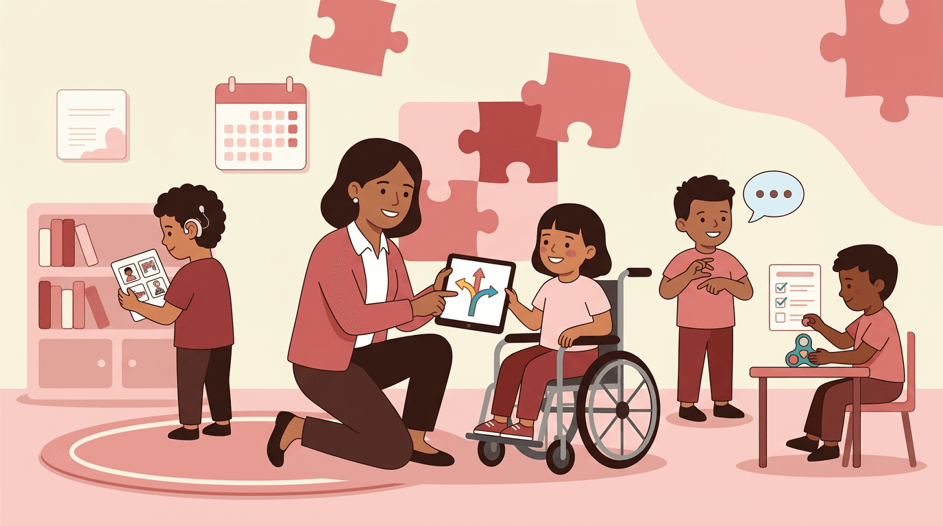 Teacher supports a student in a wheelchair with a tablet, while other children use hearing aids and fidget tools in an inclusive classroom.