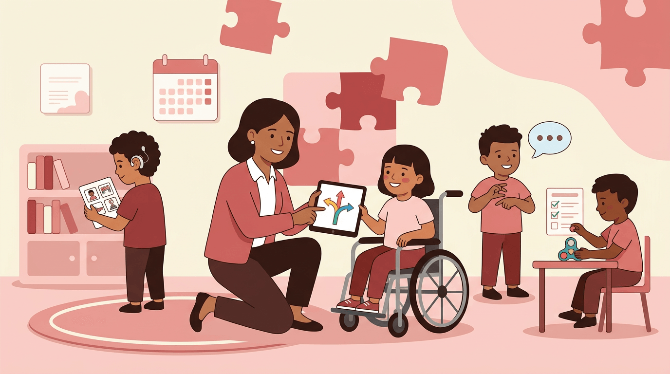 Teacher supports a student in a wheelchair with a tablet, while other children use hearing aids and fidget tools in an inclusive classroom.