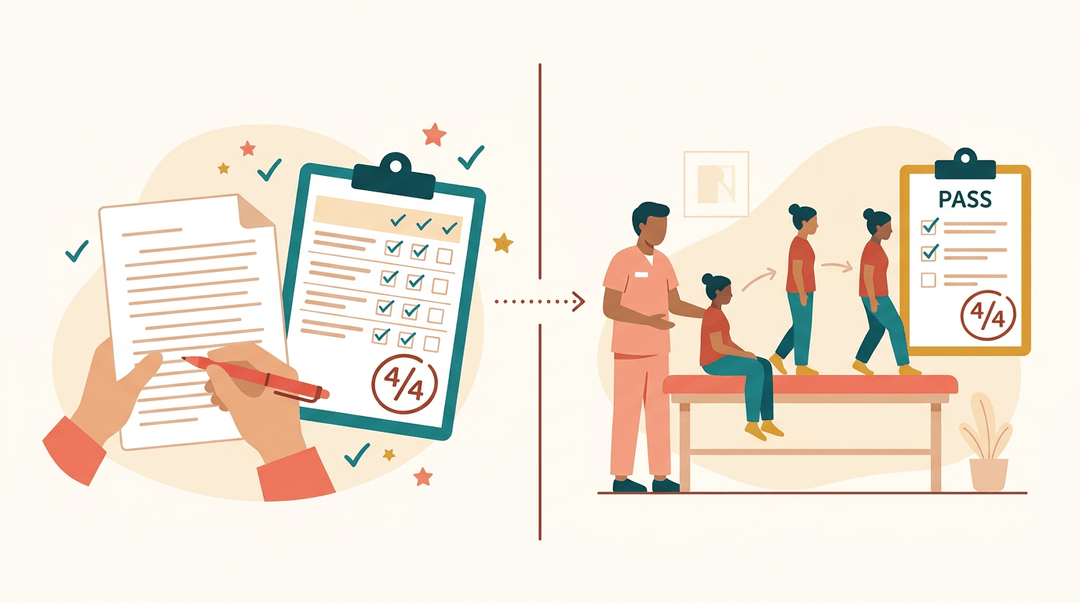 A split illustration comparing a teacher grading an essay to a therapist assessing balance, both featuring identical clipboards with a score of 4/4.
