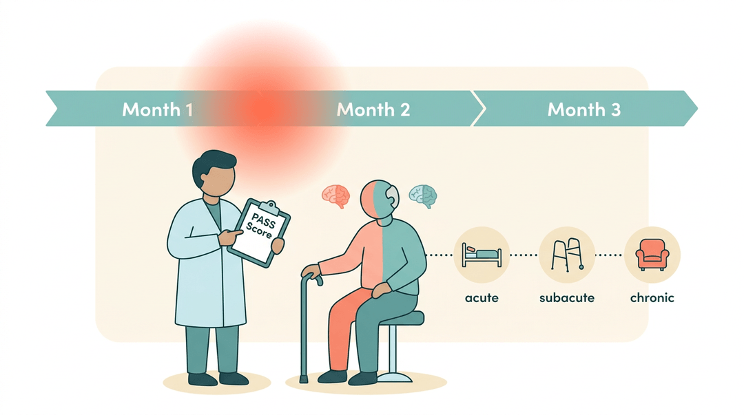 Timeline showing brain recovery across three months, with a clinician observing a patient symbolizing left-right hemisphere healing.