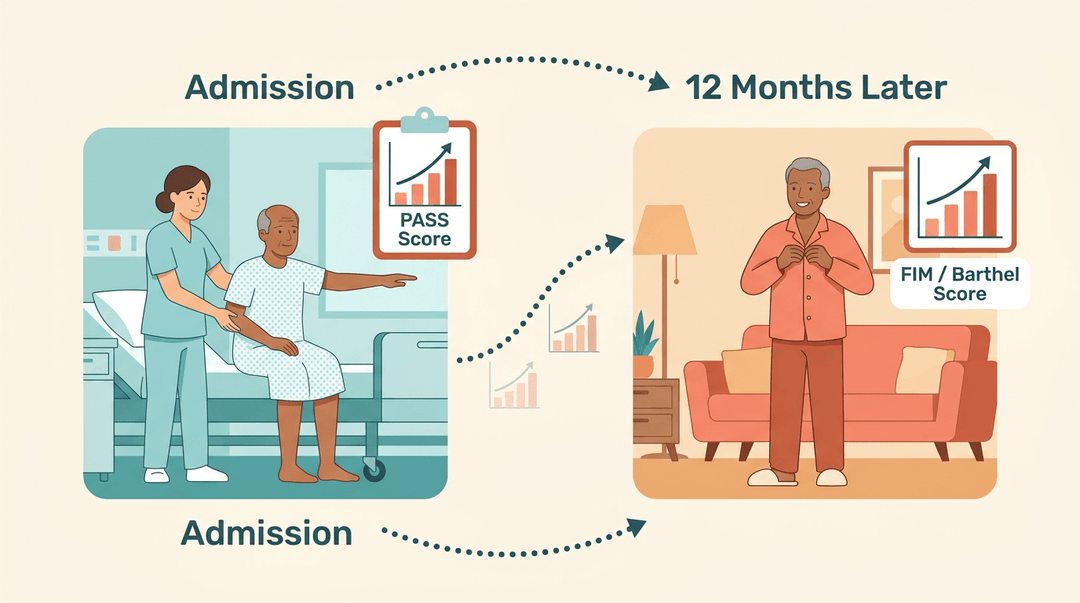 A timeline shows a patient's recovery from hospital admission to independent living, linking early balance scores with later functional gains.