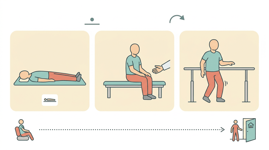 Three-panel diagram shows stroke recovery progression from lying down, to sitting with support, to standing independently near parallel bars.