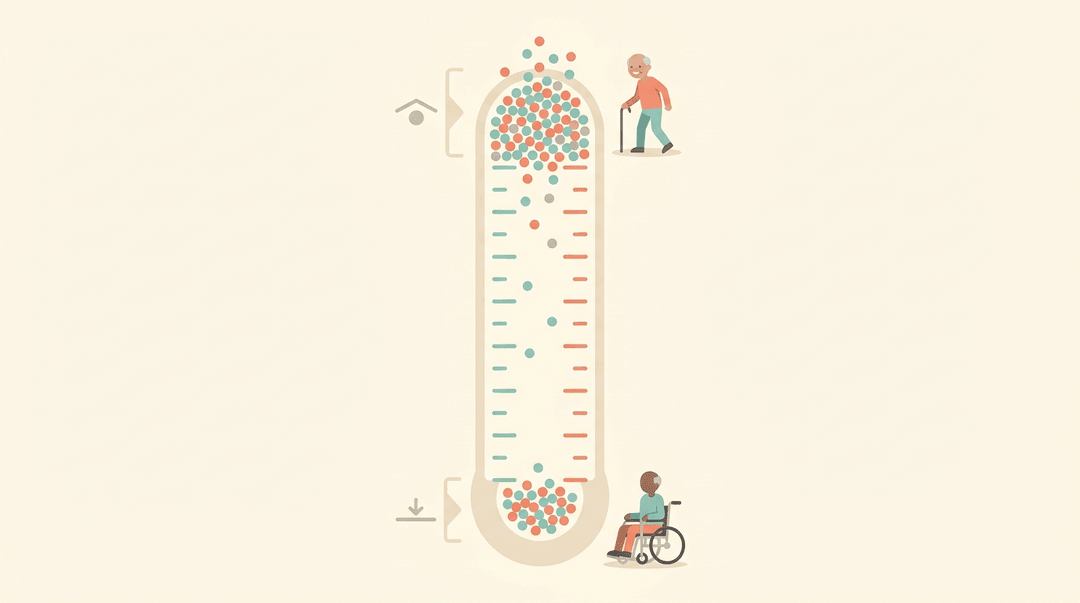 Gauge showing patient balance clustered at high and low extremes, illustrating floor and ceiling effects in assessment.