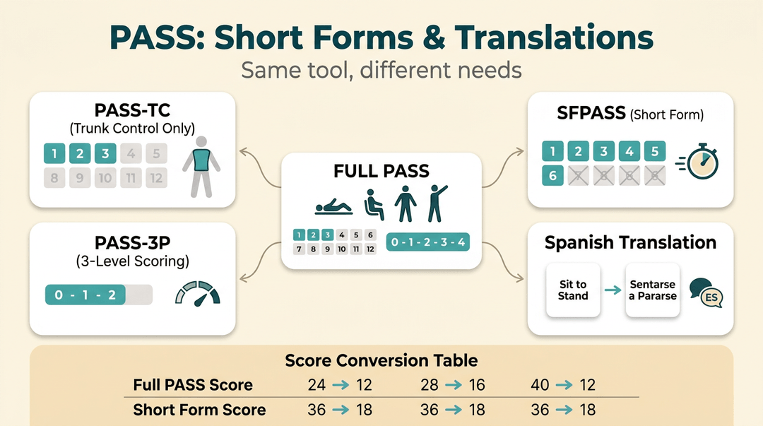 Infographic showing PASS full form and four adaptations: Trunk Control, Short Form, 3-Level Scoring, and Spanish translation with score conversion.