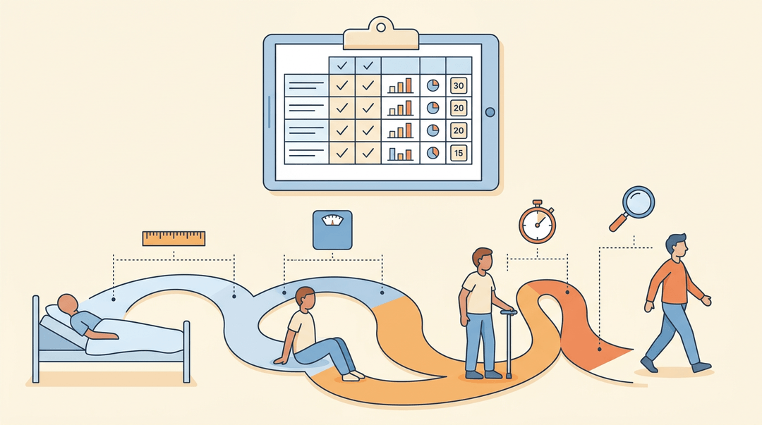 A path shows recovery stages with specific tools measuring segments, while a clipboard above unifies data into one organized table.
